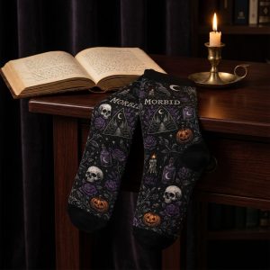 Gothic Pumpkin And Skull Sock 7 - Morbid Podcast Merch studio mockup 0 8 - Morbid Podcast Merch