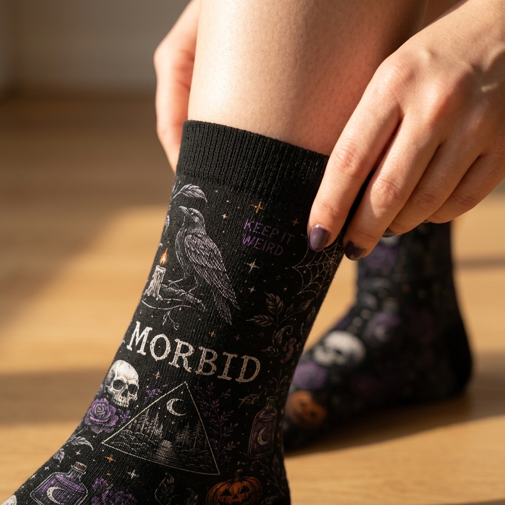 Gothic Pumpkin And Skull Sock 4 - Morbid Podcast Merch studio mockup 2 6 - Morbid Podcast Merch