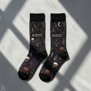 Gothic Pumpkin And Skull Sock 11 - Morbid Podcast Merch studio mockup 6 9 - Morbid Podcast Merch