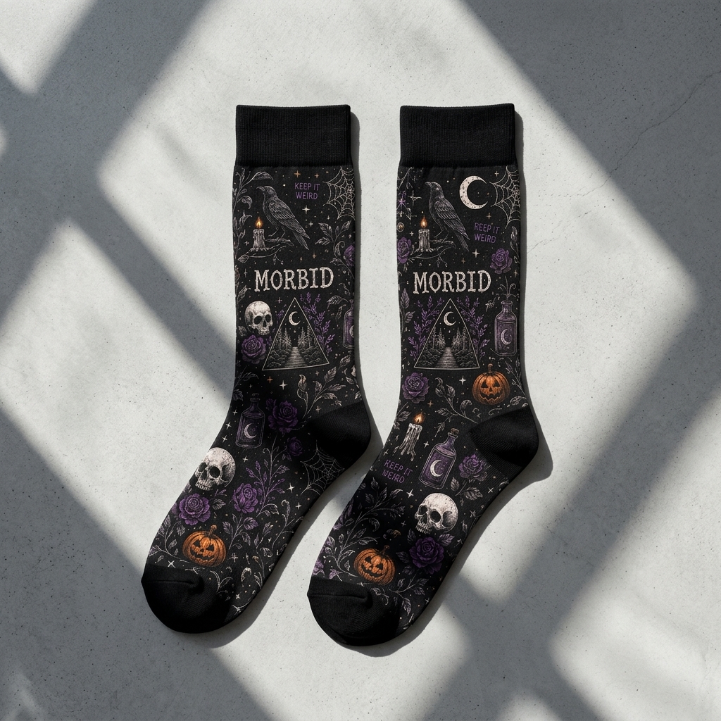 Gothic Pumpkin And Skull Sock 6 - Morbid Podcast Merch studio mockup 6 9 - Morbid Podcast Merch